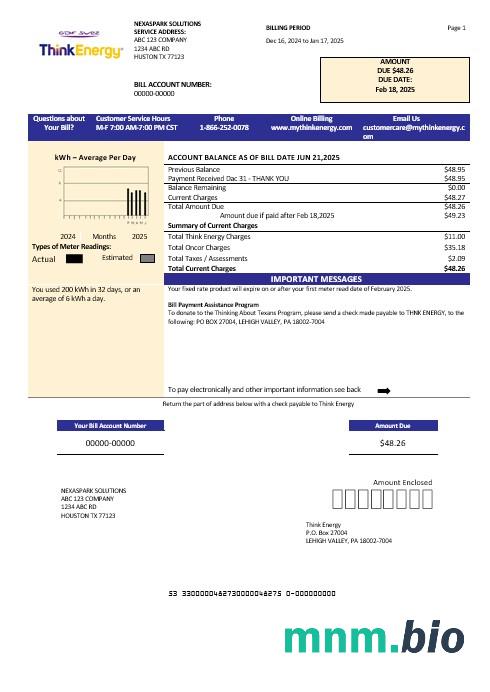 USA Think Energy rachunek za usługi komunalne szablon w formacie Word i PDF